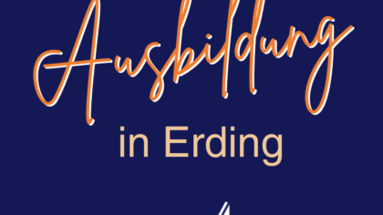 Ausbildung in Erding bei Huber Technik. Blauer Hintergrund und farbige Schrift. Orange, beige töne und Huber Technik Logo